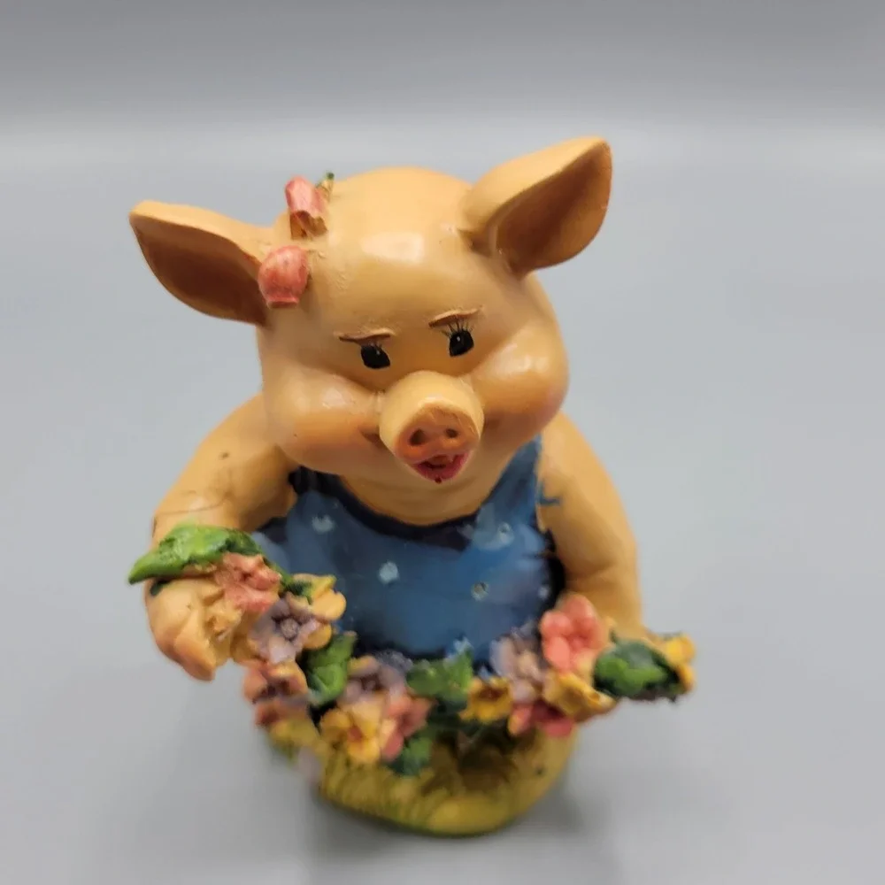 Vintage Adorable Happy Pig Figurine Blue Dress Floral Accents Home Shelf Decor